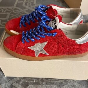 Golden Goose Vintage Red Suede Star Sneakers with Silver Accent